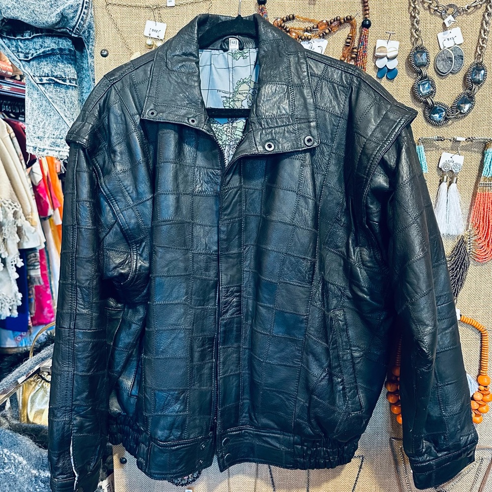 real leather 80s black patchwork leather jacket with world map lining